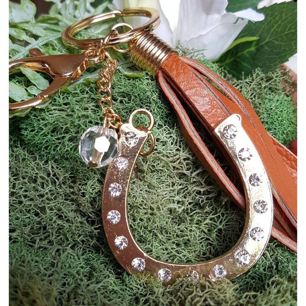 Gold Horseshoe Keychain Lucky Bling Brown Faux Leather Tassel